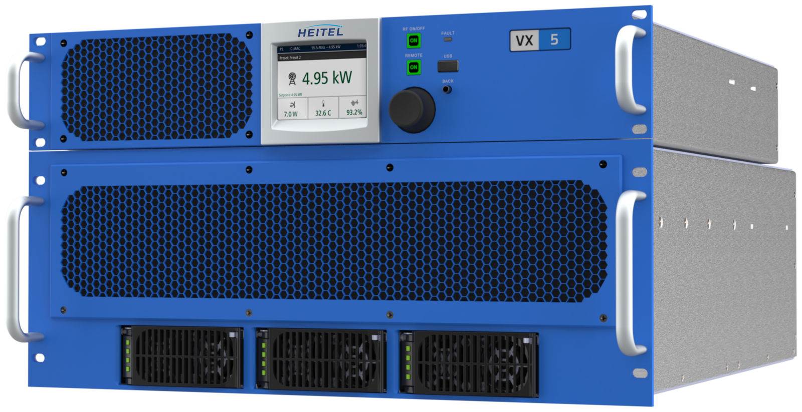 HEITEL VX5 high-power FM transmitter angled view